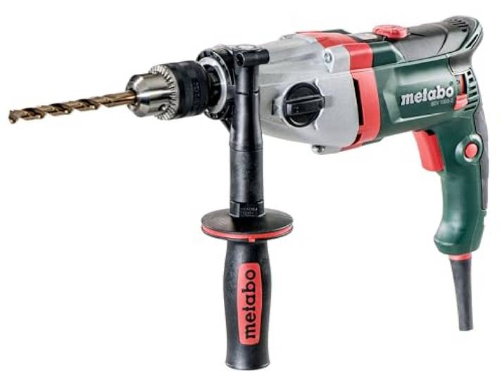 metabo BEV 1300-2 Perceuse Filaire\, 1300 W\, Mandrin à Couronne Dentée Moteur Marathon robuste\, 2 vitesses\, ø 40 mm bois\, ø 16 mm acier\, mode impulsion\, électronique VTC\, poignée supplémentaire