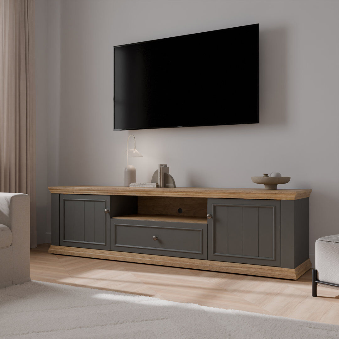 Latitude Run Wide TV Unit with 2 Doors, Drawer & Open Shelf Grey/Mauvella Oak 88"