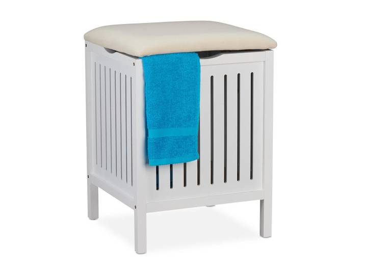 Relaxdays Wäschekorb Weiß Creme mit Sitzpolster Kiefernholz 40 l, Holz, 41x55x41 cm, Haushalt & Reinigung, Wäschepflege, Wäschekörbe & Wäschetonnen