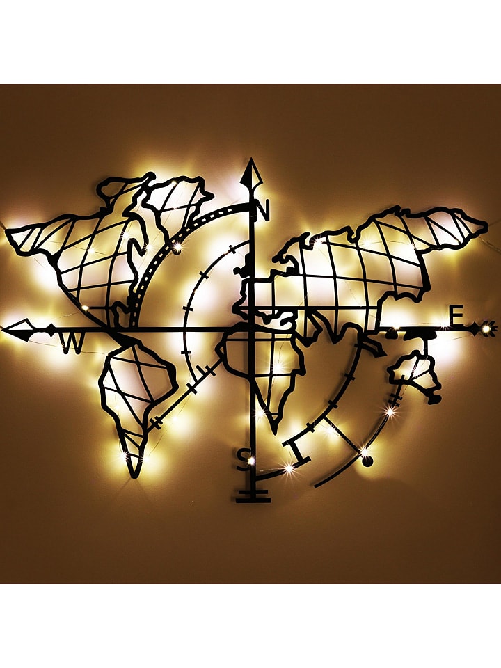 ABERTO DESIGN LED-Wanddekor "World Map Compass" - (B)95 x (H)65 cm - onesize