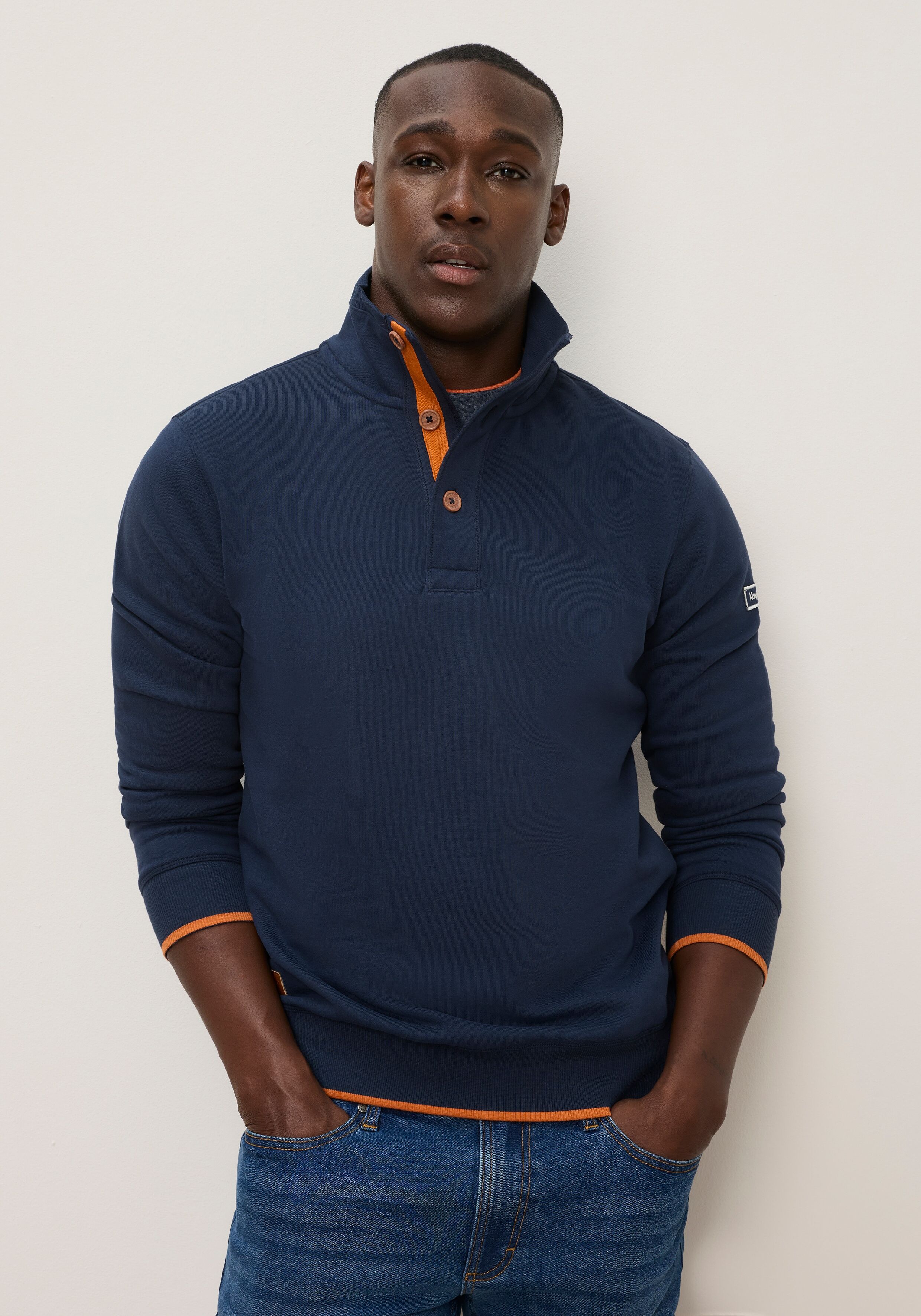 Sweatshirt KANGAROOS, Herren, Gr. M, blau (navy meliert), Obermaterial: 80% Baumwolle, 20% Polyester, angesetztes Bündchen, Sweatshirts Sweatshirt, mit hochschliessendem Troyerkragen, Kontrastdetails navy meliert M