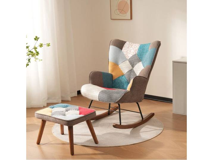 WOVREO Fauteuil à bascule avec repose-pieds patchwork multicolore bois massif et métal