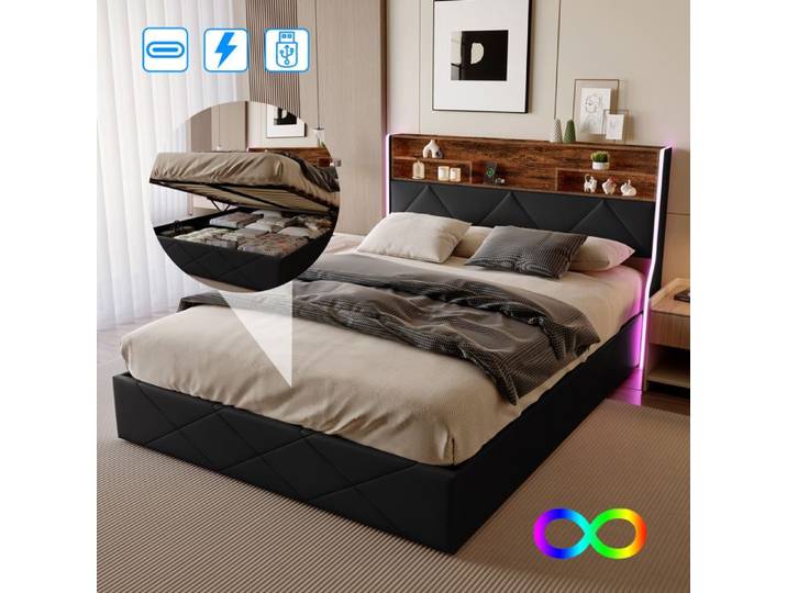Lit coffre 160x200 - LUMINARIX - Lit double 160x200 -Lit adulte rembourré - PU Noir - Éclairage LED - Ports USB - 2 places