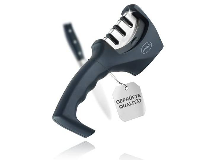 RÖSLE Messerschärfer - 3-Stufen Messerschleifer mit Wolframkarbid, Diamant und Keramik - Ergonomischer Griff, Austauschbarer Schleifkopf - Schleifgerät für Küchenmesser, Messer Schärfen leicht gemacht