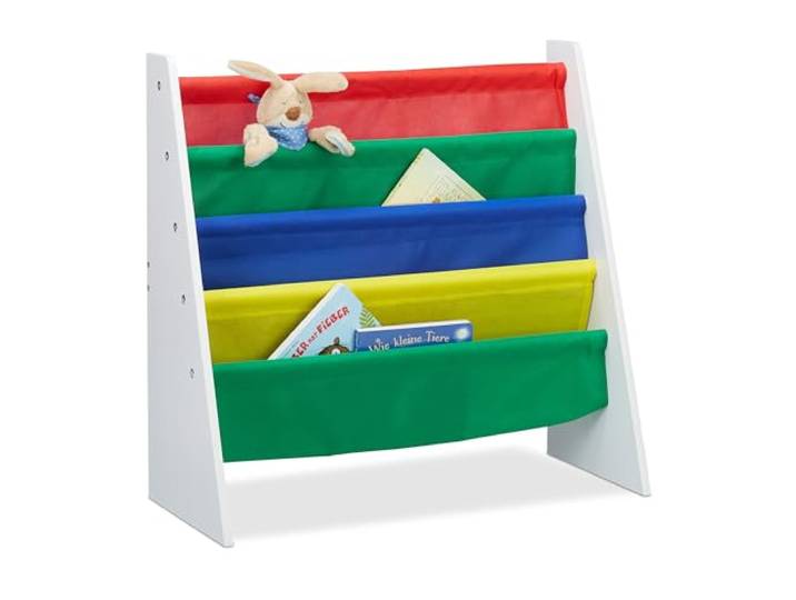 Relaxdays Étagère Enfants\, Bibliothèque Chambre\, Etagère Rangement Livres\, MDF + Polyester\, 4 Compartiments\, Multicolore