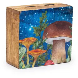 Small Enameled Square Box 10x10x4.2cm - Mushroom Design Teal