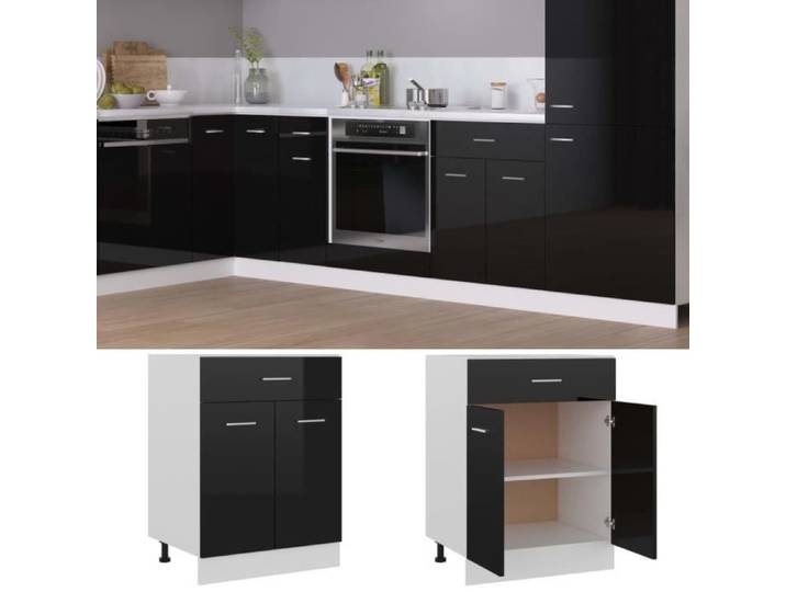 Armoire de cuisine Noir brillant - Aggloméré - 60x46x81 5 cm - Tiroir et étagères - Rangement pour cuisine