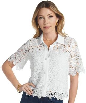 Masseys Blossom Button-Down Blouse (Size 8) White, Polyester