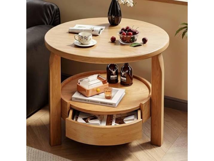 Beistelltisch aus Massivholz mit Schubladen und Offener Ablage, 2 Ebenen Kompakter Beistelltisch couch mit offener Ablage und Schubladen für Sofa, Schlafzimmer und kleine Räume