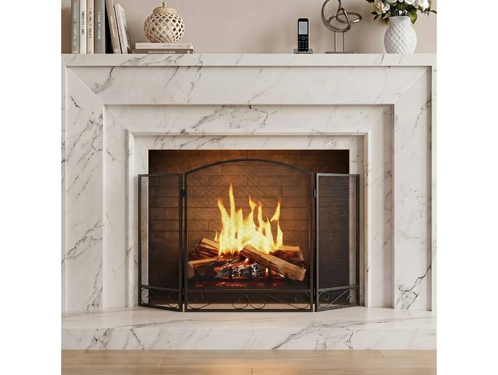 HOMCOM Grille Cheminée 3 Volets Métal Noir 123x70cm Salon Chambre
