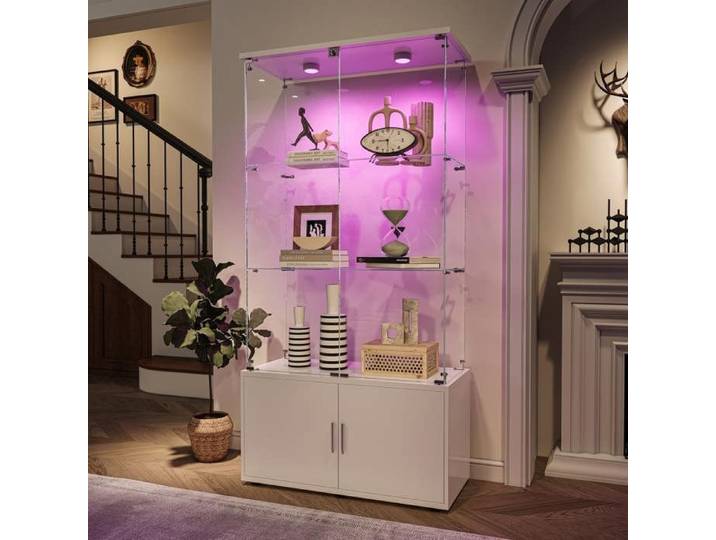 Vitrine en Verre avec Led Armoire Vitrine Pour Collection avec 4 Porte 3 étagères Transparent Meuble Vitrine Verre (LED-2 Blanc)