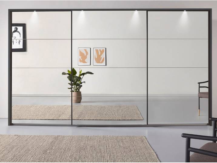 Schwebetürenschrank, Grau, 368x214x68 cm, Holzwerkstoff, Mit Spiegelfront & Beleuchtung, Modern, Rauch
