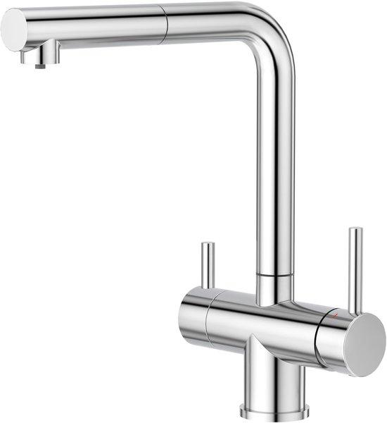 Drehsaule mit 3 Funktionen, 360-Grad-Drehung, Drehschalter für Wasserfilter, 2-Handels-Wasserhahn, 3-in-1-Spülbeckenarmatur, Chrom