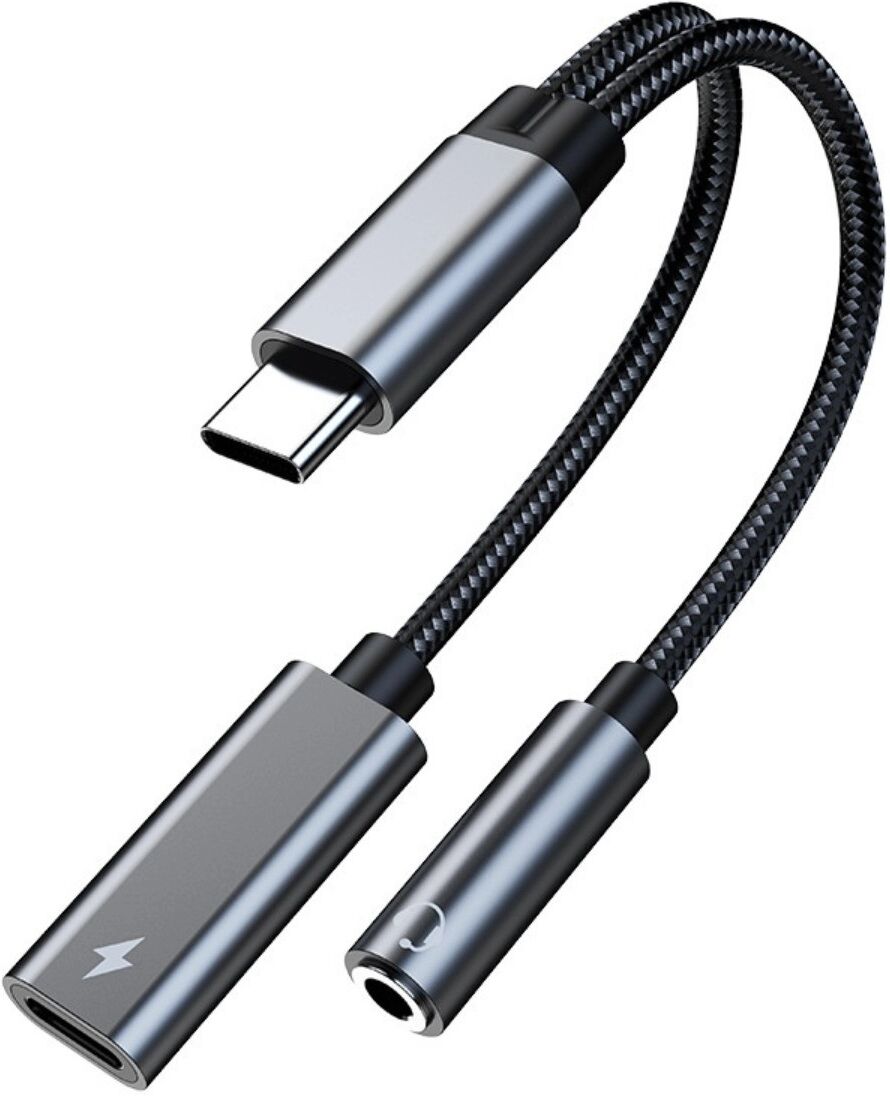 INF Audio-Adapter AB136D 24bit/48kHz 10W USB-C zu 3.5mm Hi-Res Audio + Lade-Splitter, Aluminiumlegierung, geflochten,