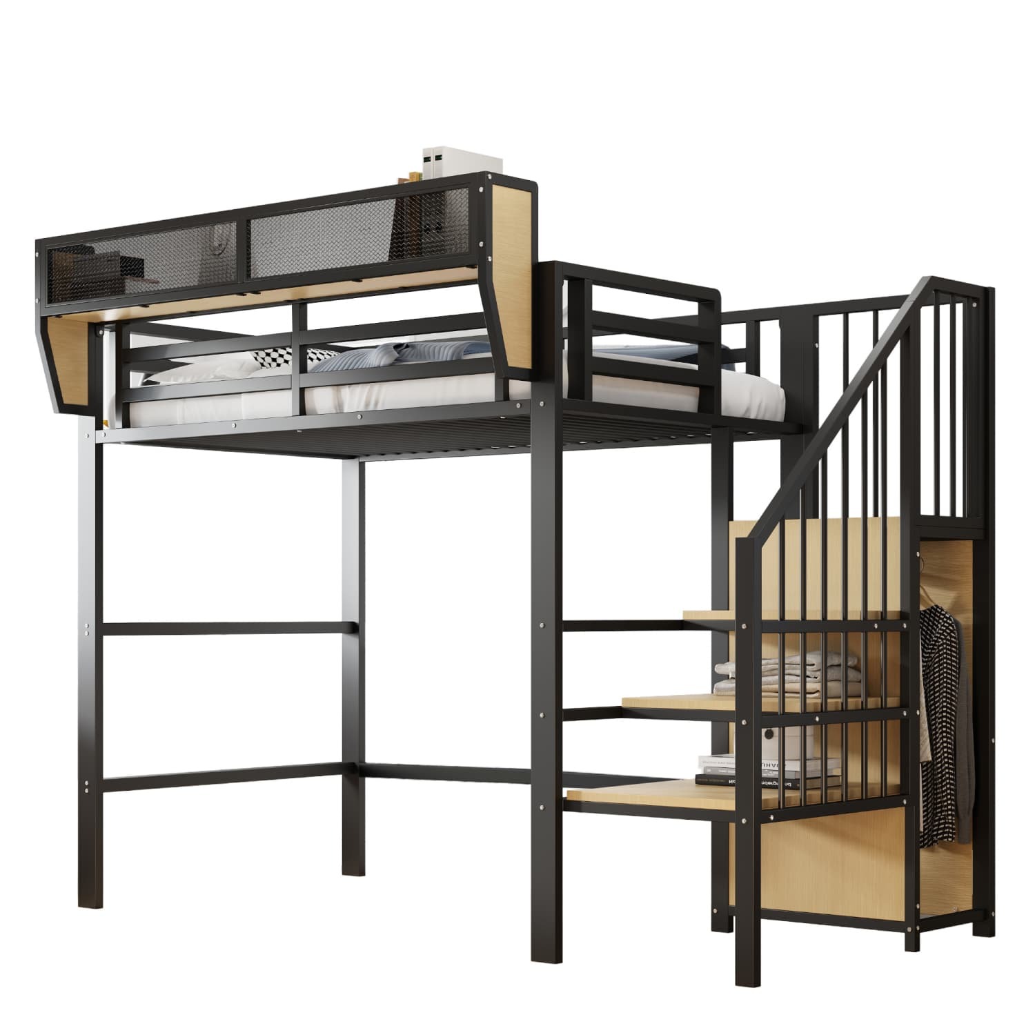 Hochbett(Schwarz)mit Sicherheitsleiter und flexiblem Staufach, Metallbett Erwachsenenbett Kinder-Etagenbett