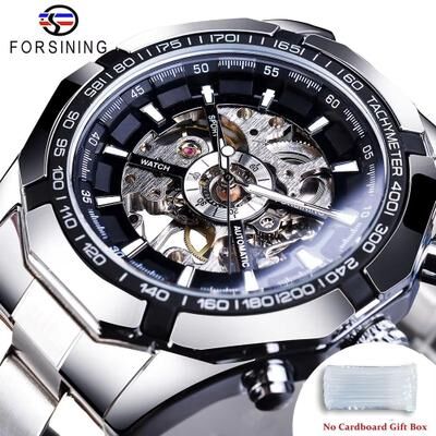 Inspired Finds Forsining Luxury Skeleton Watch Stainless Steel Mechanical Men's Wristwatch With Waterproof Sport Design black Silver