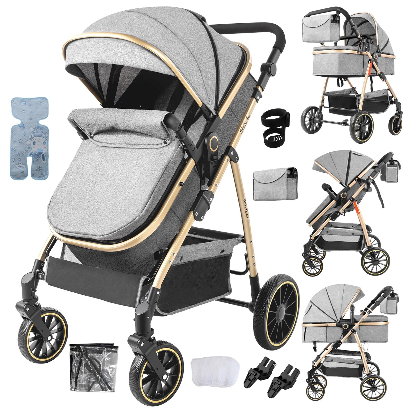 3-in-1 Kinderwagen - Kombikinderwagen - Für geborene - Zusammenklappbar - Wende-Sitzeinheit - Volle Liegeposition - Leinenbezug - Grau