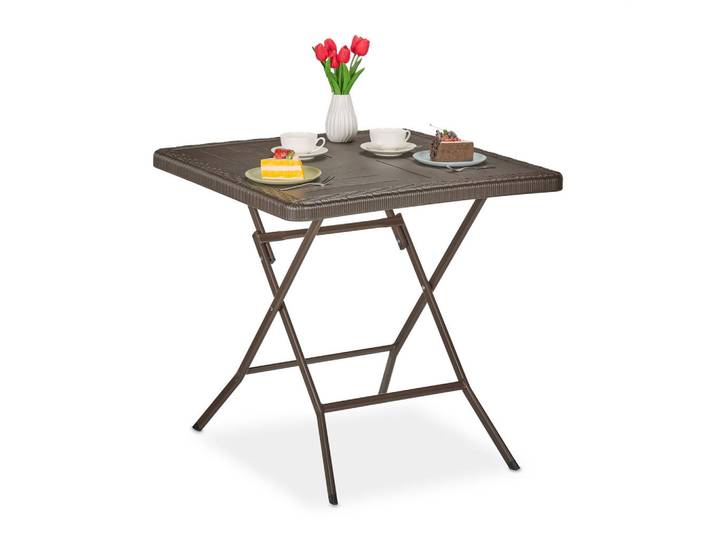 Relaxdays Gartentisch Braun Holzoptik klappbar, Kunststoff, Metall, 78x74x78 cm, Gartenmöbel, Gartentische, Balkontische