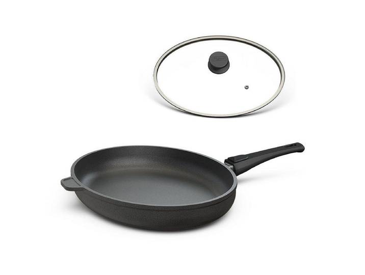 Hoffmann Germany Fischpfanne 38x28 cm mit Deckel, Made in Germany Schnitzelpfanne, Aluguss (Set, 2-tlg., 1x Fischpfanne 38x28 cm + 1x Glasdeckel), abnehmbarer Griff, Antihaft, oval, 1,8 l, 38x28 cm