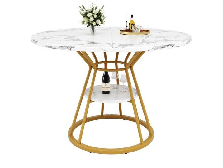 Table à manger ronde Logidon 100 cm motif marbre pieds métal doré