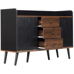 Sideboard 117x40x80 cm mit Schiebetüren und Schubladen, verstellbaren Regalen, Massivholzbeinen, Anti-Kipp-Kit, Streifen-Design, Schwarz+Holz