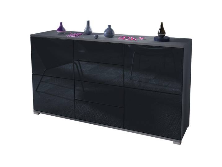 Vladon Sideboard Rova Schwarz Hochglanz, 138.5x75.5x35 cm, Kleinmöbel, Kommoden, Sideboards