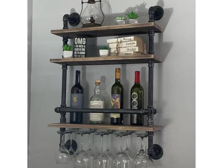OLDRAINBOW Industrielles Rohrregal, Weinregal, Wandmontage, mit 5 Stielen, Glashalter, 61 cm, Holzregale, Wandregal, schwimmende Barregale, Weinglasregal