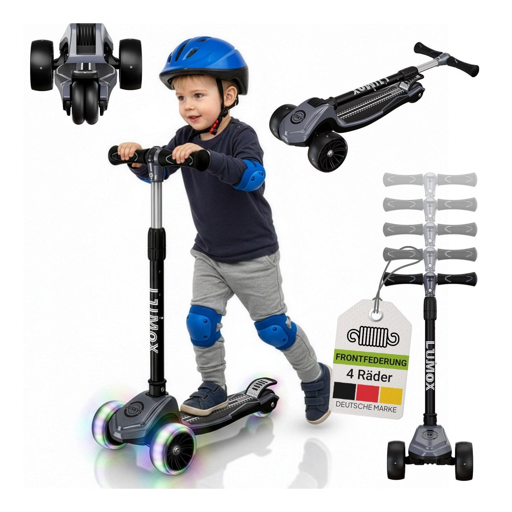 JUSKYS® Kinderroller Lumox Schwarz - LED-Rollen mit 4-Farb-Blinkeinstellung, höhenverstellbarer Kinderscooter, klappbar & Hinterradbremse, Dreiradscooter