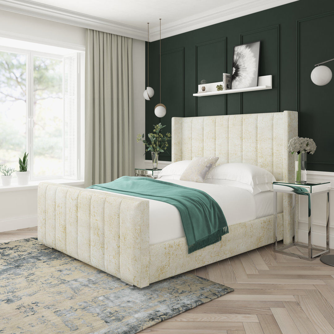 Lark Manor Aspen Marble Upholstered Bed Frame Cream Double (4'6)