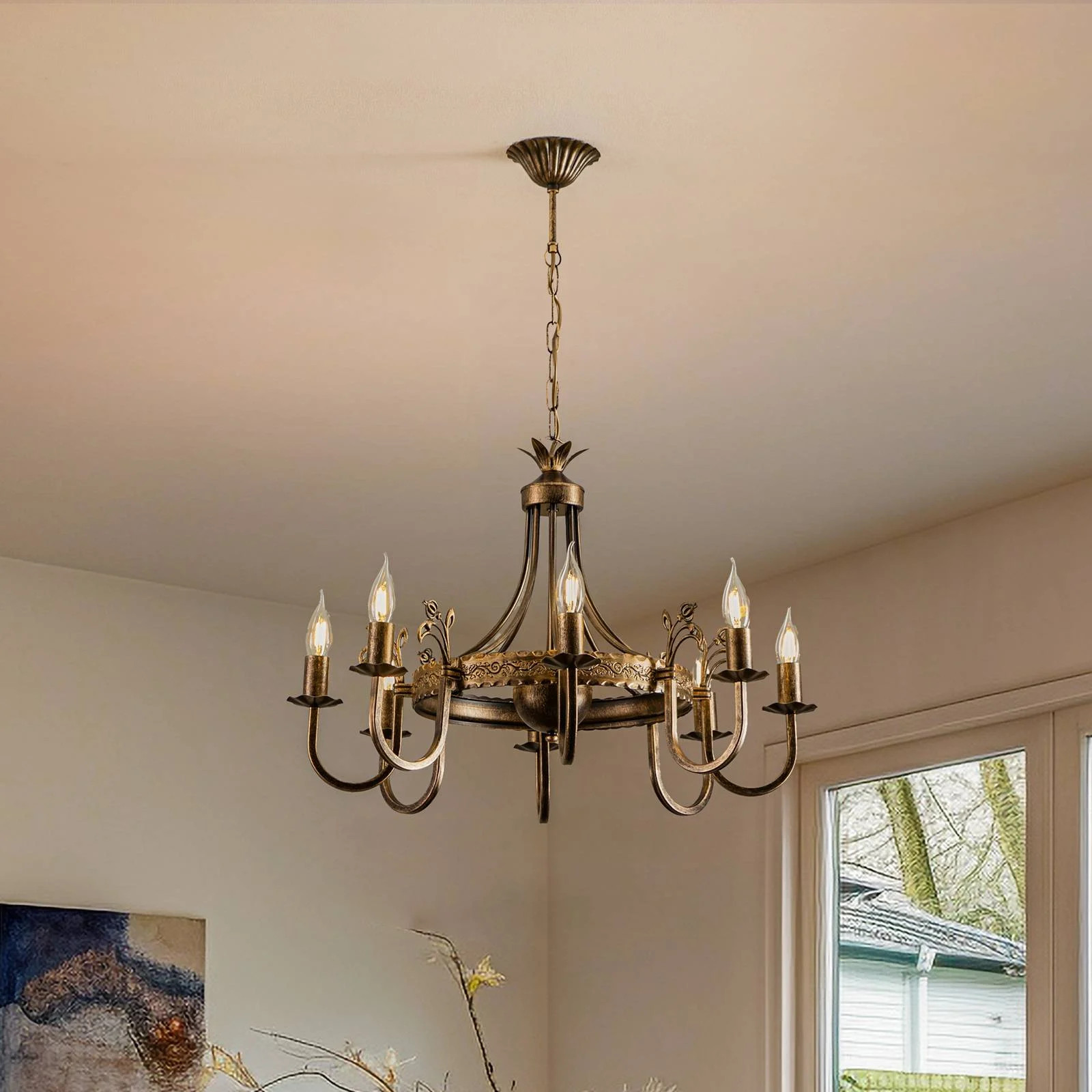 Jupiter Kroonluchter Castle in brons en oud-messing voor de woon- of eetkamer