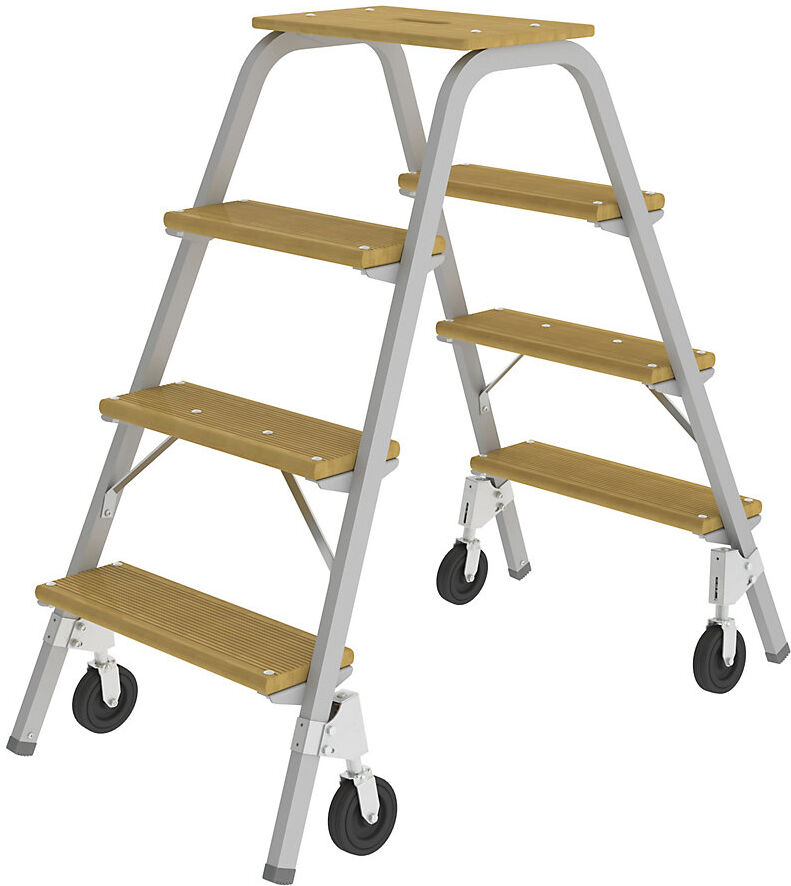 MUNK Stahlrohr-Tritt mit Holzstufen, mit 4 Bremsrollen, 4 Stufen inkl. Plattform