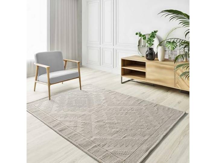 ATTICGO Tapis tissé à Plat - Pamuk 1140 Crème - 160x230 cm Tapis pour salon et chambre\, Tissage à plat\, Design Ethnique avec relief\, Fibre naturelle Coton recyclé