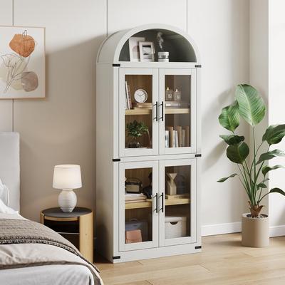 Garvee "71"" Arched Farmhouse Bookshelf with Glass Doors & Drawers, Vintage White"