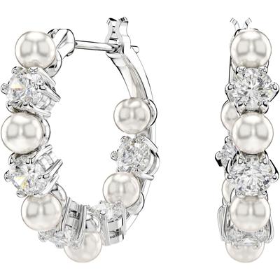 Paar Creolen SWAROVSKI "Schmuck Geschenk Matrix Drop-Ohrhänger", silber (metallfarben, kristallweiß, weiß, kristallweiß), Ohrringe, Damen, 3mm, Metall Perlen, Metall, Perlen, mit Swarovski Zirkonia (synth.) - mit Swarovski Perle