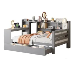 Schlafsofa 90x200 cm aus Massivholz mit Schreibtisch und Ablagefächern – platzsparendes und multifunktionales Design Grau
