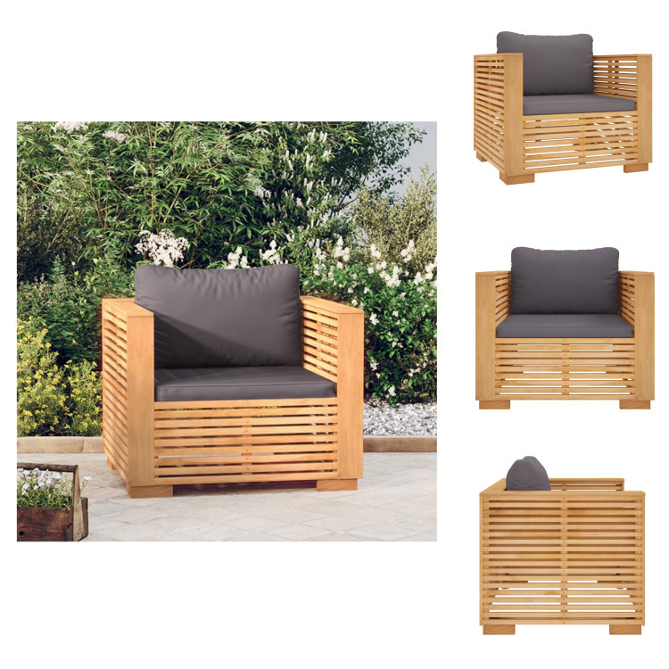 vidaXL Gartensessel mit Dunkelgrauen Kissen Massivholz Teak - Gartensofaelemente