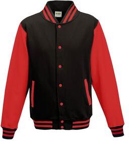 Just Hoods By AWDis JHA043 Adult Letterman Jacket in Jet Black/Fire Red size Medium   Ringspun Cotton