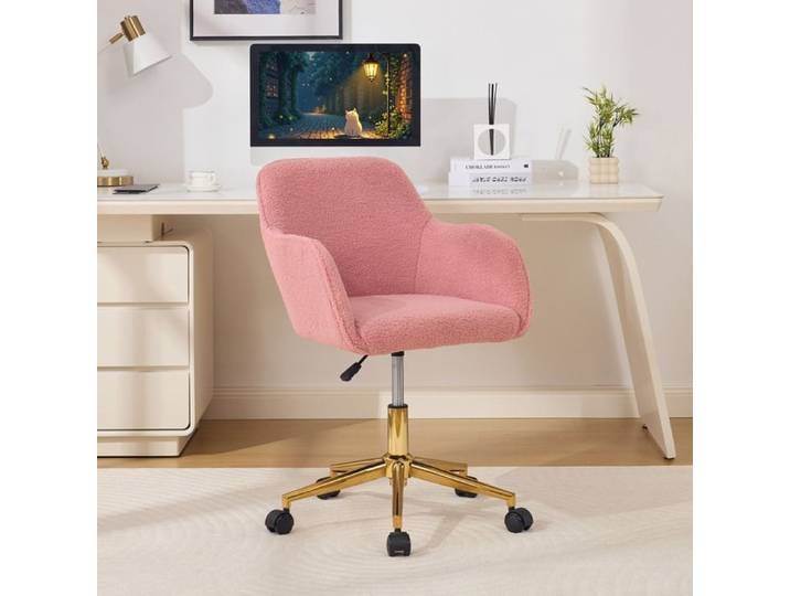 Chaise de bureau - ZEVKOR - Pivotante 360° réglable - Tissu Teddy bouclette - Base dorée - Rose