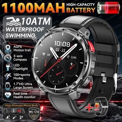 Uplift Essentials T Rex 3 Pro GPS Smart Watch 120 Day Standby, 1100mAh Battery Rugged Outdoor Sport 10ATM Waterproof Watch black Leather