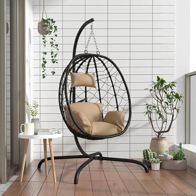 Hängesessel mit Kissen Taupe Poly Rattan und Stahl wetterfestes Gartensessel Gestell pulverbeschichtet 106x103x195 cm komfortabel zum Relaxen und Erholen auf Terrasse Veranda