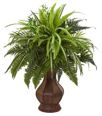 Nearly Natural "26"" Mixed Greens and Fern Artificial Plant in Decorative Planter"
