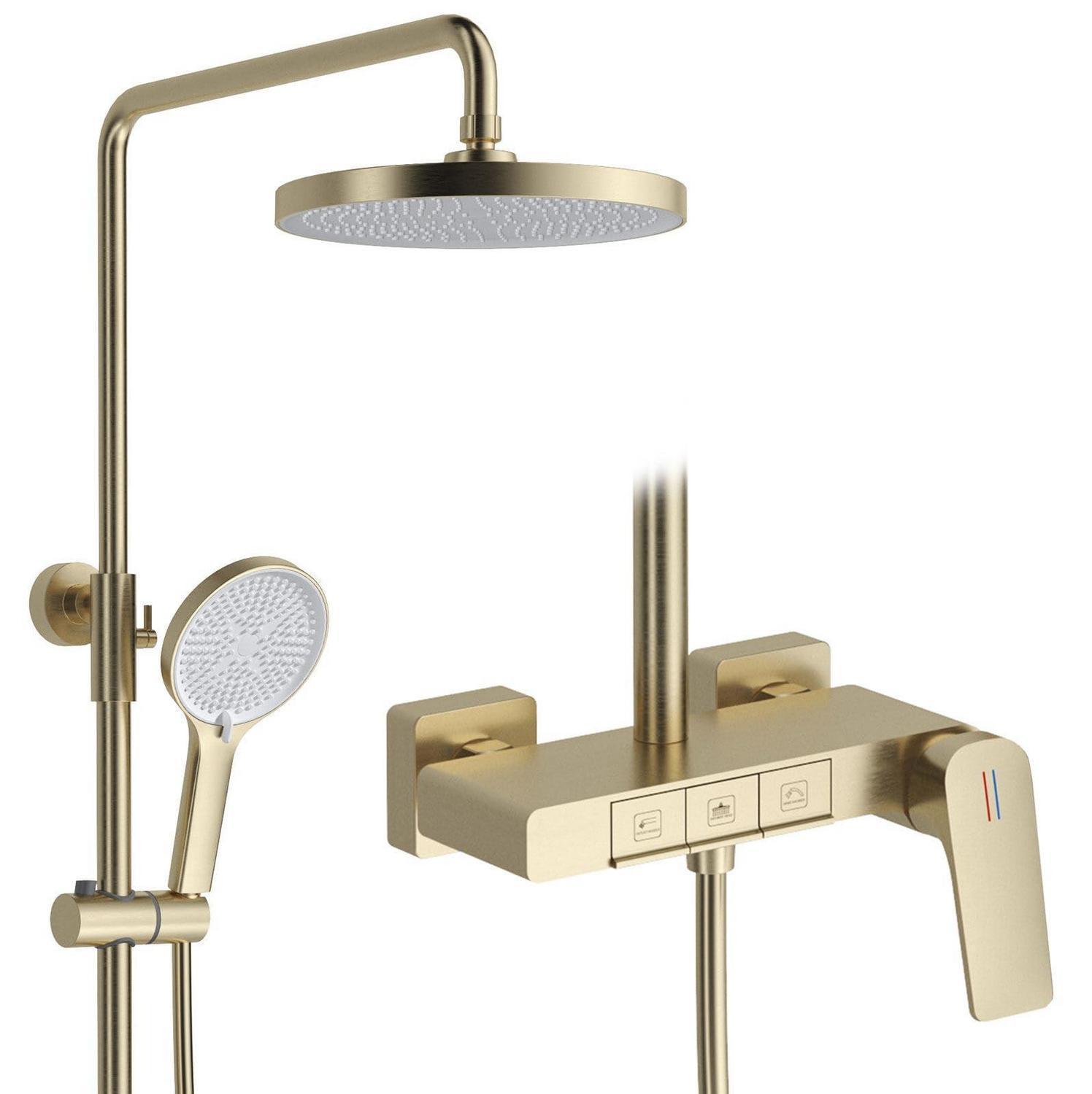 Duschsystem mit Klaviertasten-Design, 255mm Runder Duschkopf, Regendusche mit Badewannenarmatur, Höhenverstellbar, Gebürstetes Gold