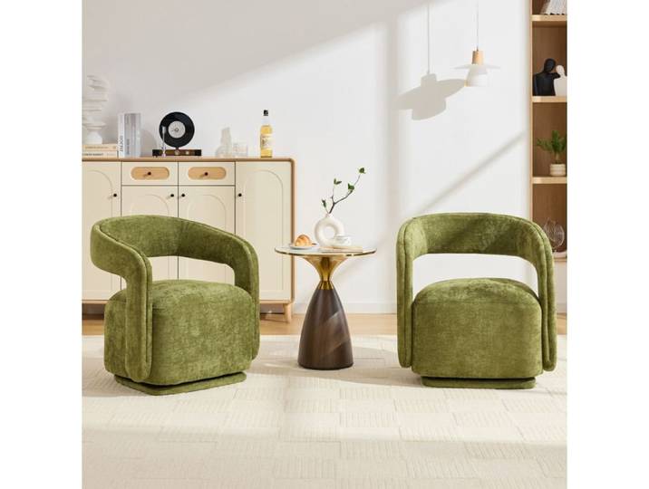 Fauteuil pivotant 360° – Chenille vert – Design Barrel Chair – Fauteuil lounge