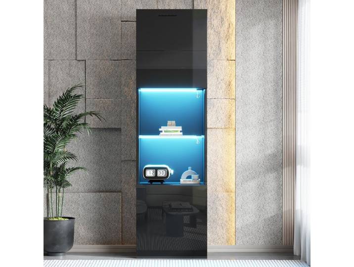 Vitrine 45x35x160 cm noire brillante avec LED 2 portes étagère en verre trempé