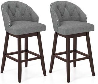 Costway Set of 2 Swivel Bar Stools with Rubber Wood Legs and Padded Back-Gray