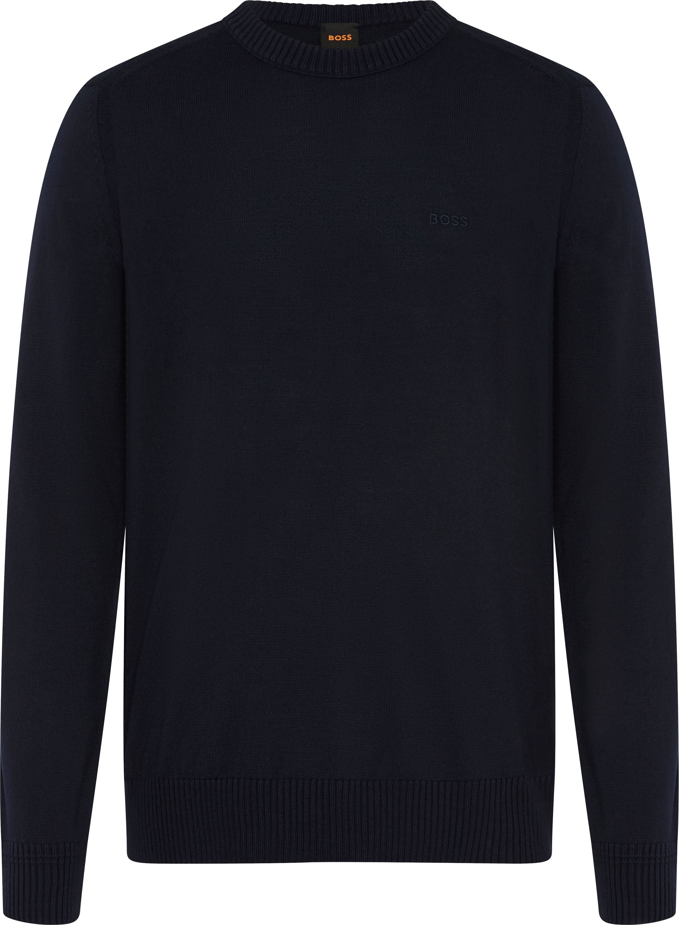Strickpullover BOSS ORANGE "Avac", Herren, Gr. L, blau (dunkelblau404), Strick, Obermaterial: 50% Schurwolle, 50% Polyacryl, unifarben, regular fit normal, Rundhals, Bündchen, Pullover Strickpullover, mit Schurwolle, Regular Fit, gesticktes Logo
