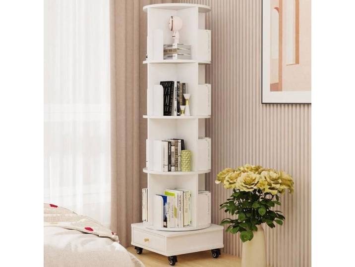 Bibliothèque contemporaine en bois blanc - XUANYU - Étagère de 6 niveaux - Bibliothèque Rotative avec Roulette avec Tiroirs
