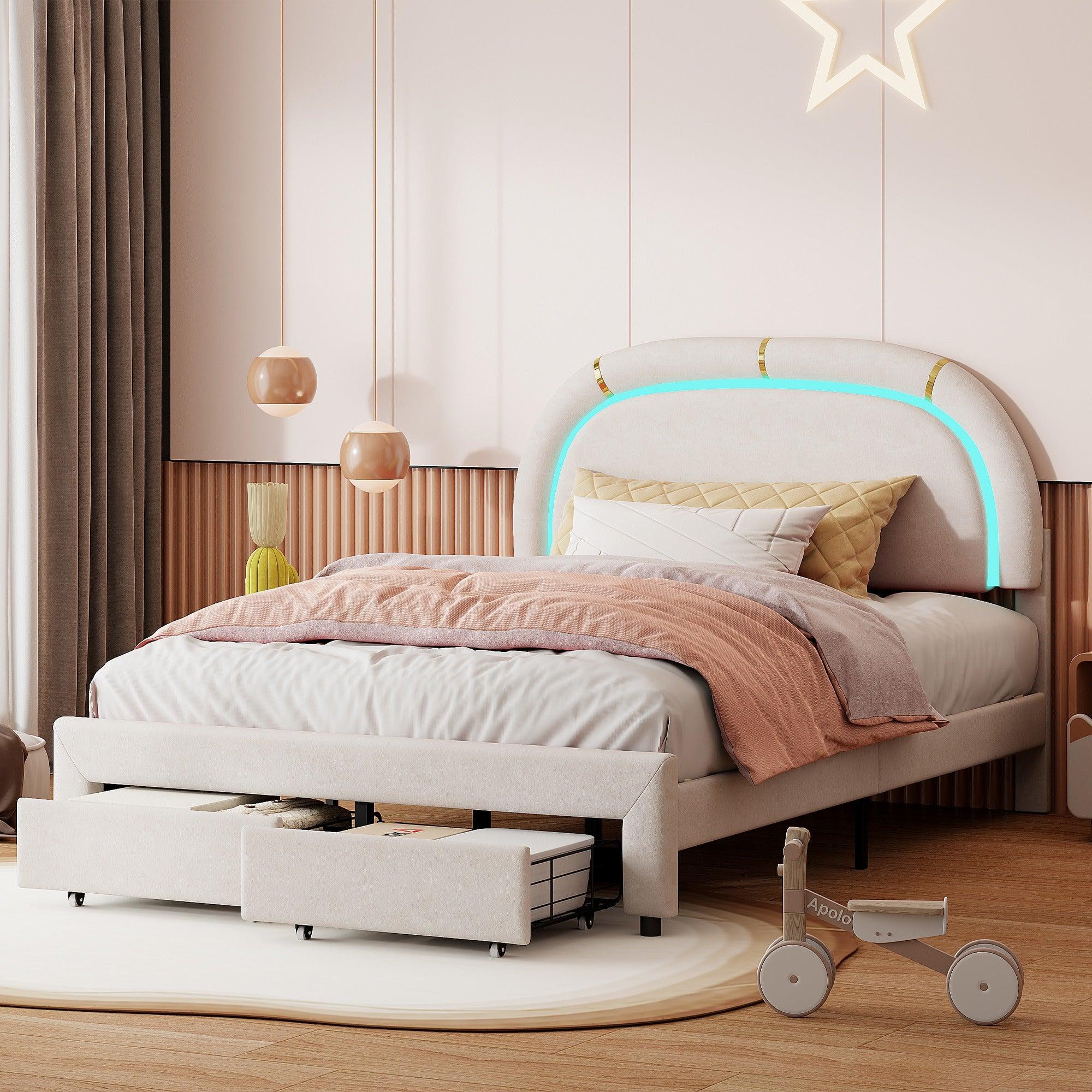 Doppelbett 140x200 - Mit Stauraum, 2 Schubladen und verstellbarem Kopfteil - Beige