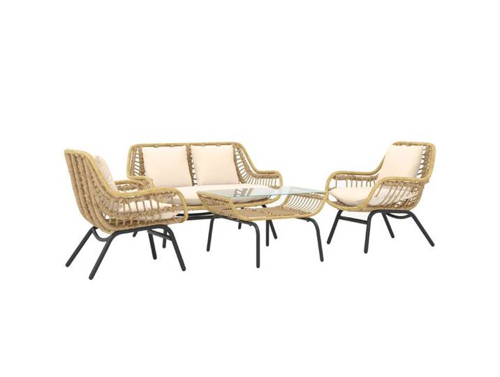 Salon de jardin 4 pers. 4 pièces style exotique métal époxy résine imitation coussins grand confort inclus polyester beige