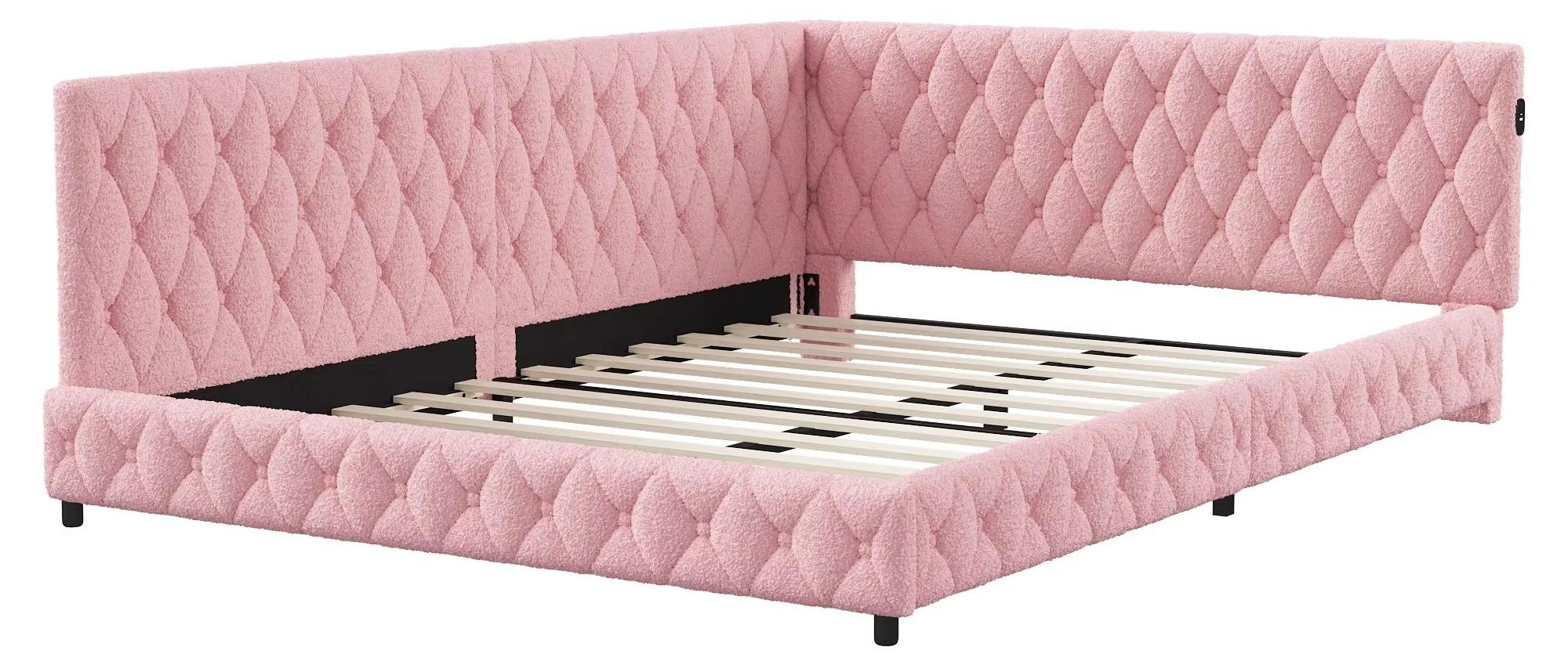Polsterbett - Schlafsofa - 140 x 200 cm - Lattenrost - Holzrahmen - Teddyplüsch - Rosa